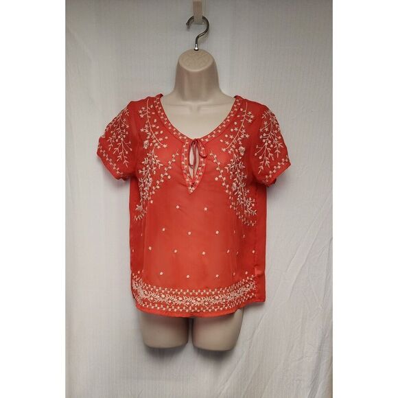 American Eagle Embroidery Short Sleeve Chiffon Top Blouse Pink/ White Size Small - Picture 2 of 6